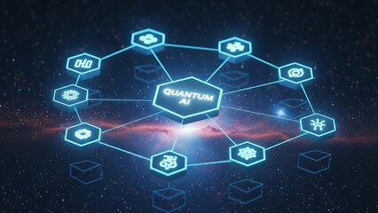 A glowing network of connected hexagonal nodes with "Quantum AI" at the center, symbolizing a futuristic technology for advanced computing, data, and problem-solving.