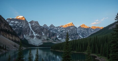 Peaceful mountain landscape at dawn with snow-covered peaks, calm water, and evergreen trees – generative AI artwork