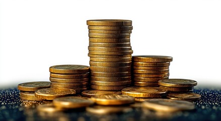 Stacks of gold-colored coins arranged in varying heights on a reflective surface with a bright white background