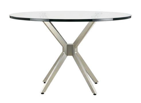 Modern glass top round side table with metal base isolated on transparent background