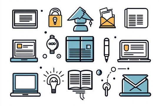 Set of educational and communication icons including laptop, graduation cap, light bulb, open book, envelope, pen, and lock representing learning and information exchange