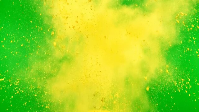 A powerful upward explosion of vivid yellow color powder creating a rising, energetic cloud on a green screen paint powder, artistic, shockwave