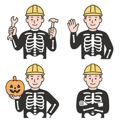Coloring book coloring page featuring worker in skeleton costume with transperency effect