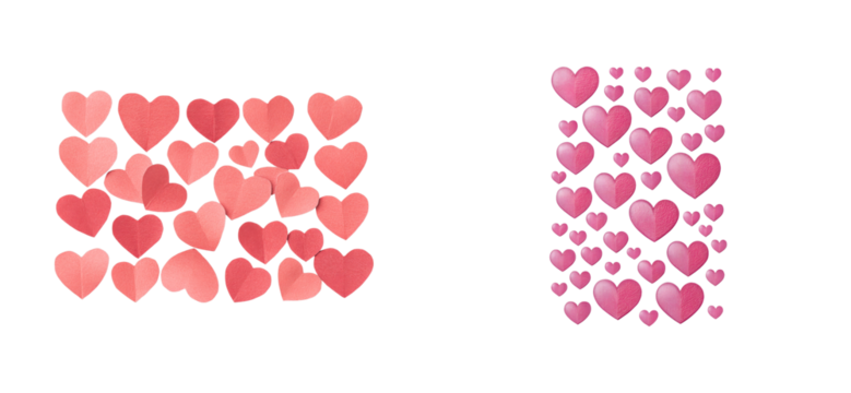 Pink and red heart shapes isolated on transparent background, cut out