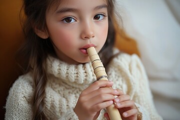 Young girl with braided hair wearing a cream knit sweater playing a wooden flute indoors with focused expression