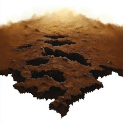 abstract topographic terrain with deep eroded cracks and chaotic ridges in earthy brown tones fading into white background