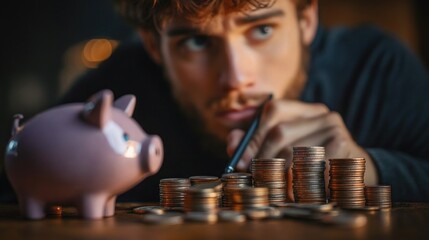 Young man carefully counting and stacking coins on a table next to a piggy bank, focused on saving money and financial planning