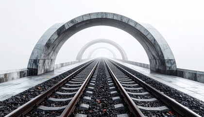 Obraz premium Train Tracks Receding Through Stone Arches in Winter