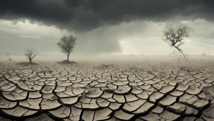 A cracked, barren landscape under a stormy sky