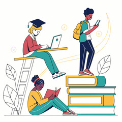 Diverse students are engaged in learning, with one on a ladder using a laptop, another reading a book, and the third using a phone while standing on books
