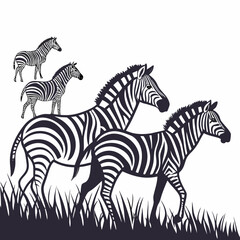 A captivating monochrome illustration showcases a group of zebras gracefully traversing a grassy plain, with a serene backdrop, exuding tranquility