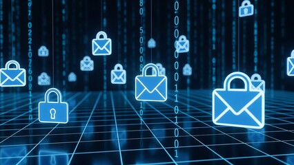 Glowing digital mail icons and security locks hang over a futuristic grid with binary code, symbolizing cybersecurity, data protection, and online privacy.