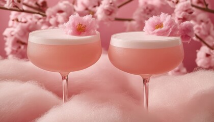 Elegant Pink Cocktails with Cotton Candy Cherry Blossom Garnish for Spring Celebrations