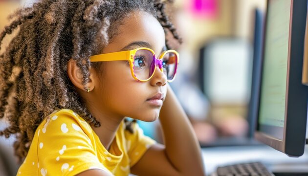 Focused Young Girl with Bright Glasses Learning on Computer, Representing Digital Educatio