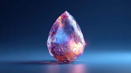 A teardrop-shaped, translucent gemstone with internal orange and purple iridescence rests on a dark blue, reflective surface, illuminated by a soft light 