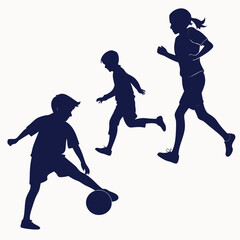 Silhouette of three children playing soccer two boys and one girl are running and kicking the ball they are all wearing shorts and tshirts