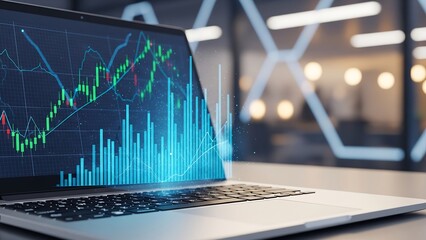 A glowing stock market chart with an upward trend appears to float from a laptop screen, symbolizing modern financial technology and data analysis for business growth.