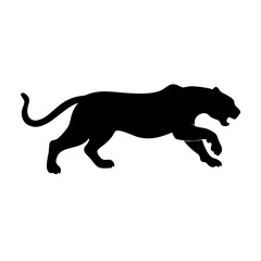 A dynamic black panther silhouette, depicted in midleap, embodying agility and ferocity, with sharp details accentuating its muscular form and predatory nature