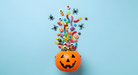 Spooky halloween jack o lantern bucket overflowing with colorful candy and creepy eyeballs