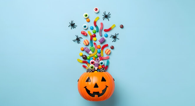 Spooky halloween jack o lantern bucket overflowing with colorful candy and creepy eyeballs