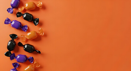 Collection of wrapped halloween candies arranged on a vibrant orange background with copy space