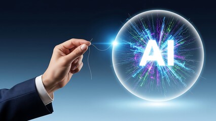 A person's hand holds a thread connected to a glowing orb with the letters AI symbolizing human-driven artificial intelligence and technological innovation.