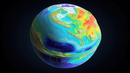 A 3D globe, Earth, showing various data visualizations.  Detailed landmasses, oceans, and a color-coded temperature/elevation map is layered.  Visual data is presented in a unique, spherical format