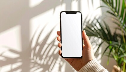 Woman Holding Smartphone with Blank Screen in Sunlit Room