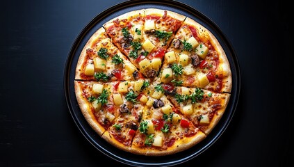 Delicious pizza with pineapple chunks, mushrooms, red bell peppers, melted cheese, and fresh parsley on a black plate