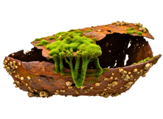 Old rusty shipwreck covered with moss isolated on transparent background