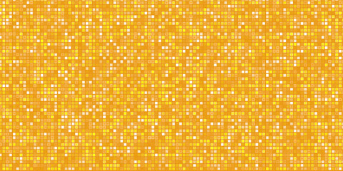 Golden disco party pattern. Yellow square sequin mosaic texture background. Abstract gold shining glitter halftone wallpaper. Sparkling glitter backdrop. Retro vector