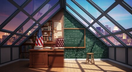 Obraz premium A meticulously detailed study or classroom setting, featuring a wood desk, a chalkboard covered in mathematical equations, and a city view through expansive skylights.
