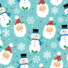 Seamless Pattern of Christmas Cute Snowman and Santa Claus with Snowflakes. Blue Background- Christmas Vector Illustration