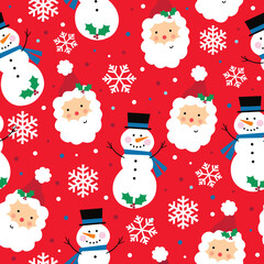Seamless Pattern of Christmas Cute Snowman and Santa Claus with Snowflakes. Red Background- Christmas Vector Illustration