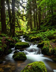 Lush forest stream flowing through mossy rocks (1)