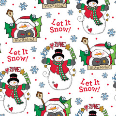 Seamless Pattern of Vintage Cute Snowman with Christmas Text and Snowflakes and Birds- Christmas Vintage Snowman Vector Illustration