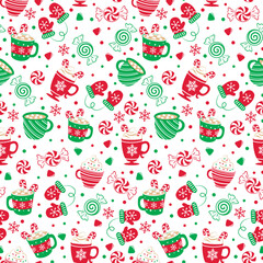 Seamless Pattern of Christmas Sweet Treats with Peppermint Candy and Christmas Hot Chocolate- Christmas Vector Illustration