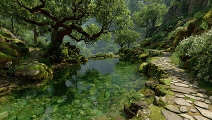 Serene landscape; tranquil pond reflects lush greenery, stone path winds through mossy rocks and trees