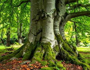 Lush forest tree with mossy roots