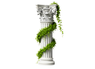 Ancient greek column with green ivy isolated on transparent background