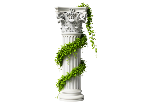 Ancient greek column with green ivy isolated on transparent background