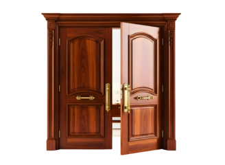 Open wooden double door isolated on transparent background