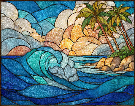 A stained glass painting of an ocean wave in the style of hawaiian tiki art, with palm trees on a beach with rocks and sand.  A tropical scene, with detailed patterns and textures.