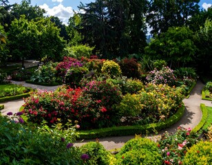 Lush garden with winding paths and vibrant flowers