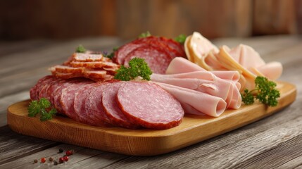 Sliced meats on wooden board. Sliced salami, ham, and bologna arranged on a light brown wooden platter.