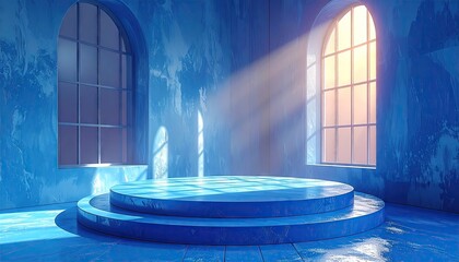 Blue Circular Platform in Sunlit Room