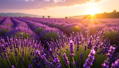 Naklejka premium A vibrant field of purple lavender stretches toward the horizon, illuminated by a warm sunset. Rows of flowers create a scenic view