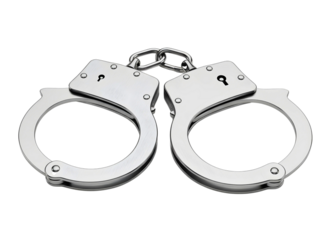 Pair of shiny metal handcuffs isolated on transparent background, symbol of law enforcement