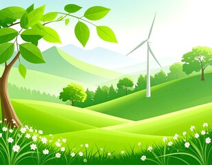 Lush green landscape with a wind turbine