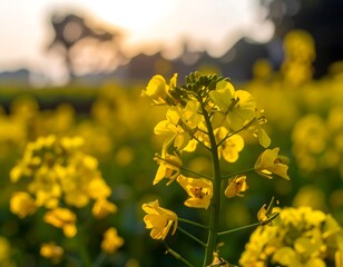 Obraz premium Golden flowers in a field at sunset